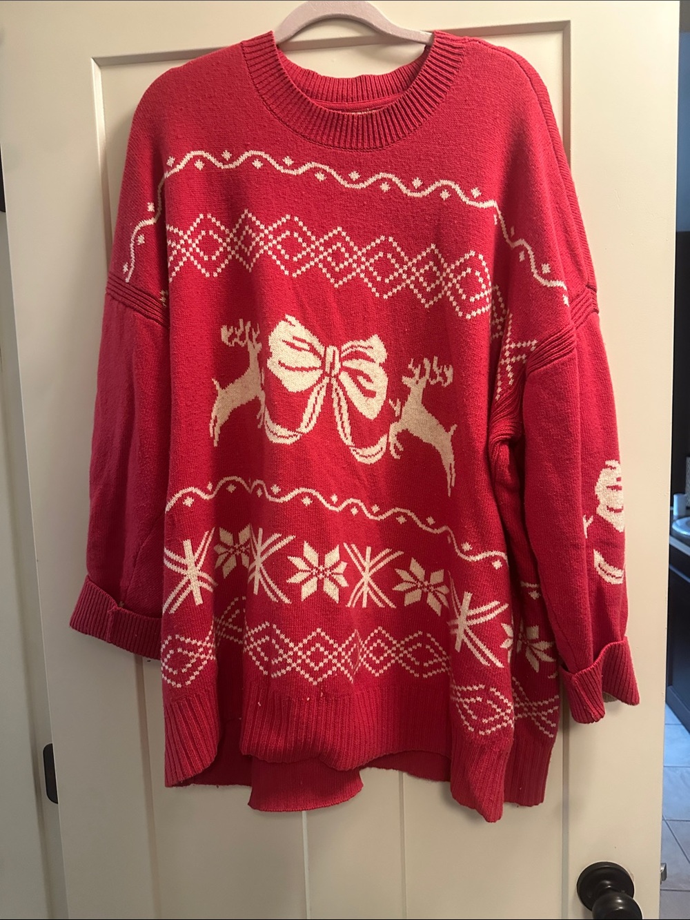 Anthropologie Red and White Festive Reindeer Crewneck Sweater
